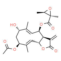 ChemSpider 2D Image | (3aS,4R,5E,7S,9S,10E,11aR)-9-Acetoxy-7-hydroxy-6,10-dimethyl-3-methylene-2-oxo-2,3,3a,4,7,8,9,11a-octahydrocyclodeca[b]furan-4-yl (2R,3R)-2,3-dimethyl-2-oxiranecarboxylate | C22H28O8