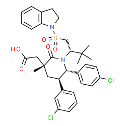 ChemSpider 2D Image | {(3R,5R,6S)-5-(3-Chlorophenyl)-6-(4-chlorophenyl)-1-[(2S)-1-(2,3-dihydro-1H-indol-1-ylsulfonyl)-3,3-dimethyl-2-butanyl]-3-methyl-2-oxo-3-piperidinyl}acetic acid | C34H38Cl2N2O5S