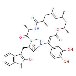 ChemSpider 2D Image | (3E,7R,10S,13S,15E,17R,19S)-7-[(2-Bromo-1H-indol-3-yl)methyl]-4-(3,4-dihydroxyphenyl)-8,10,13,15,17,19-hexamethyl-1-oxa-5,8,11-triazacyclononadeca-3,15-diene-2,6,9,12-tetrone | C36H43BrN4O7
