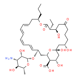 ChemSpider 2D Image | (1R,3S,9R,10S,13R,15E,17E,19Z,21E,23R,25S,26R,27S)-23-[(3-Amino-3,6-dideoxy-beta-D-mannopyranosyl)oxy]-10-ethyl-1,3,9,27-tetrahydroxy-7,11-dioxo-13-propyl-12,29-dioxabicyclo[23.3.1]nonacosa-15,17,19,2
1-tetraene-26-carboxylic acid | C39H61NO14