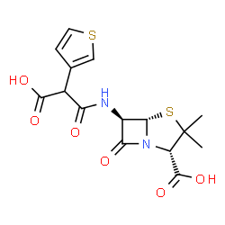 ChemSpider 2D Image | (2S,5S,6R)-6-{[Carboxy(3-thienyl)acetyl]amino}-3,3-dimethyl-7-oxo-4-thia-1-azabicyclo[3.2.0]heptane-2-carboxylic acid | C15H16N2O6S2