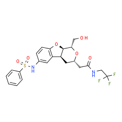 ChemSpider 2D Image | 2-[(1S,3S,4aS,9aR)-6-(benzenesulfonamido)-1-(hydroxymethyl)-3,4,4a,9a-tetrahydro-1H-pyrano[3,4-b]benzofuran-3-yl]-N-(2,2,2-trifluoroethyl)acetamide | C22H23F3N2O6S