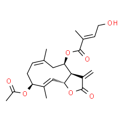 ChemSpider 2D Image | (3aR,4R,6Z,9S,10E,11aR)-9-Acetoxy-6,10-dimethyl-3-methylene-2-oxo-2,3,3a,4,5,8,9,11a-octahydrocyclodeca[b]furan-4-yl (2E)-4-hydroxy-2-methyl-2-butenoate | C22H28O7
