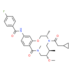 ChemSpider 2D Image | N-[(3S,6R,7S)-4-(Cyclopropylacetyl)-7-methoxy-3,6,9-trimethyl-10-oxo-3,4,5,6,7,8,9,10-octahydro-2H-1,4,9-benzoxadiazacyclododecin-13-yl]-4-fluorobenzamide | C29H36FN3O5