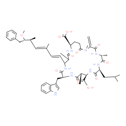 ChemSpider 2D Image | (5R,8S,11R,12S,15S,22R)-15-(1H-Indol-3-ylmethyl)-8-isobutyl-18-[(1E,3E,5S,6S)-6-methoxy-3,5-dimethyl-7-phenyl-1,3-heptadien-1-yl]-1,5,12,19-tetramethyl-2-methylene-3,6,9,13,16,20,25-heptaoxo-1,4,7,10,
14,17,21-heptaazacyclopentacosane-11,22-dicarboxylic acid | C54H72N8O12