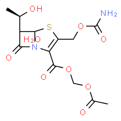 ChemSpider 2D Image | Acetoxymethyl 3-[(carbamoyloxy)methyl]-6-[(1R)-1-hydroxyethyl]-7-oxo-4-thia-1-azabicyclo[3.2.0]hept-2-ene-2-carboxylate hydrate (1:1) | C13H18N2O9S