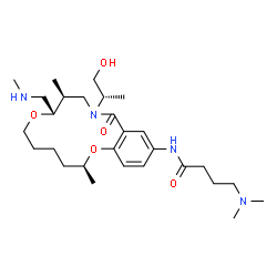 ChemSpider 2D Image | 4-(dimethylamino)-N-[(3S,9S,10S)-12-[(2S)-1-hydroxypropan-2-yl]-3,10-dimethyl-9-(methylaminomethyl)-13-oxo-2,8-dioxa-12-azabicyclo[12.4.0]octadeca-1(14),15,17-trien-16-yl]butanamide | C28H48N4O5