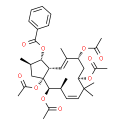 ChemSpider 2D Image | (1S,2R,3aR,4R,5S,6Z,9R,11R,12E,13aS)-3a,4,9,11-Tetraacetoxy-2,5,8,8,12-pentamethyl-2,3,3a,4,5,8,9,10,11,13a-decahydro-1H-cyclopenta[12]annulen-1-yl benzoate | C35H46O10