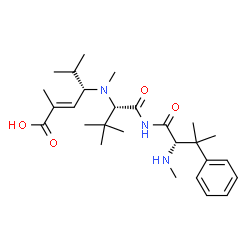 ChemSpider 2D Image | (2E,4S)-4-[{(2S)-3,3-Dimethyl-1-oxo-1-[(N,beta,beta-trimethyl-L-phenylalanyl)amino]-2-butanyl}(methyl)amino]-2,5-dimethyl-2-hexenoic acid | C27H43N3O4