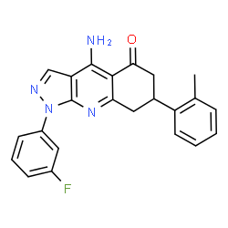 ChemSpider 2D Image | 4-Amino-1-(3-fluorophenyl)-7-(2-methylphenyl)-1,6,7,8-tetrahydro-5H-pyrazolo[3,4-b]quinolin-5-one | C23H19FN4O