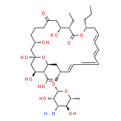 ChemSpider 2D Image | (1R,3S,9R,10S,13R,15E,17E,21E,23R,25S,26R,27S)-23-[(3-Amino-3,6-dideoxy-beta-D-mannopyranosyl)oxy]-10-ethyl-1,3,9,27-tetrahydroxy-7,11-dioxo-13-propyl-12,29-dioxabicyclo[23.3.1]nonacosa-15,17,19,21-te
traene-26-carboxylic acid | C39H61NO14