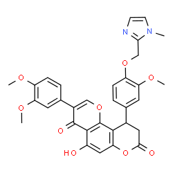 ChemSpider 2D Image | 3-(3,4-Dimethoxyphenyl)-5-hydroxy-10-{3-methoxy-4-[(1-methyl-1H-imidazol-2-yl)methoxy]phenyl}-9,10-dihydro-4H,8H-pyrano[2,3-f]chromene-4,8-dione | C32H28N2O9
