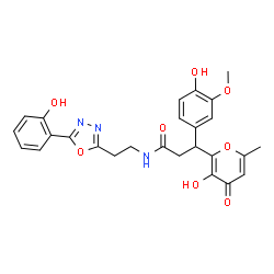 ChemSpider 2D Image | 3-(4-Hydroxy-3-methoxyphenyl)-3-(3-hydroxy-6-methyl-4-oxo-4H-pyran-2-yl)-N-{2-[5-(2-hydroxyphenyl)-1,3,4-oxadiazol-2-yl]ethyl}propanamide | C26H25N3O8