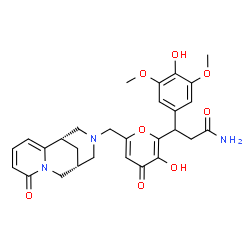 ChemSpider 2D Image | 3-(4-Hydroxy-3,5-dimethoxyphenyl)-3-(3-hydroxy-4-oxo-6-{[(1S,9R)-6-oxo-7,11-diazatricyclo[7.3.1.0~2,7~]trideca-2,4-dien-11-yl]methyl}-4H-pyran-2-yl)propanamide | C28H31N3O8