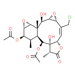 ChemSpider 2D Image | (1aR,2E,3aS,6R,6aS,7S,7aS,8R,9R,10S,11R,11aS,12R,12aS)-2-(Chloromethyl)-6a,12-dihydroxy-6,8,11a-trimethyl-5-oxo-1a,3a,5,6,6a,7,7a,8,9,10,11,11a,12,12a-tetradecahydro-10,11-epoxybenzo[4,5]oxireno[7,8]c
yclodeca[1,2-b]furan-7,9-diyl diacetate | C24H31ClO10