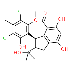 ChemSpider 2D Image | (2S,3R)-3-(3,5-Dichloro-2-hydroxy-6-methoxy-4-methylphenyl)-5,7-dihydroxy-2-(2-hydroxy-2-propanyl)-4-indanecarbaldehyde | C21H22Cl2O6