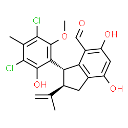 ChemSpider 2D Image | (2R,3S)-3-(3,5-Dichloro-2-hydroxy-6-methoxy-4-methylphenyl)-5,7-dihydroxy-2-isopropenyl-4-indanecarbaldehyde | C21H20Cl2O5