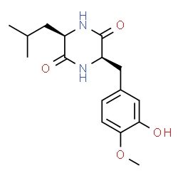 ChemSpider 2D Image | (3R,6R)-3-(3-Hydroxy-4-methoxybenzyl)-6-isobutyl-2,5-piperazinedione | C16H22N2O4
