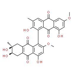 ChemSpider 2D Image | (6R,7S)-2',4,6,7,8'-Pentahydroxy-2,6'-dimethoxy-3',7-dimethyl-5,6,7,8-tetrahydro-1,1'-bianthracene-9,9',10,10'-tetrone | C32H26O11