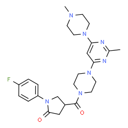 ChemSpider 2D Image | 1-(4-Fluorophenyl)-4-({4-[2-methyl-6-(4-methyl-1-piperazinyl)-4-pyrimidinyl]-1-piperazinyl}carbonyl)-2-pyrrolidinone | C25H32FN7O2