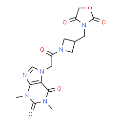 ChemSpider 2D Image | 7-(2-{3-[(2,4-Dioxo-1,3-oxazolidin-3-yl)methyl]-1-azetidinyl}-2-oxoethyl)-1,3-dimethyl-3,7-dihydro-1H-purine-2,6-dione | C16H18N6O6