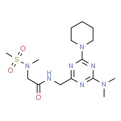 ChemSpider 2D Image | N-{[4-(Dimethylamino)-6-(1-piperidinyl)-1,3,5-triazin-2-yl]methyl}-N~2~-methyl-N~2~-(methylsulfonyl)glycinamide | C15H27N7O3S