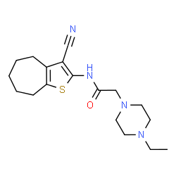 ChemSpider 2D Image | N-(3-Cyano-5,6,7,8-tetrahydro-4H-cyclohepta[b]thiophen-2-yl)-2-(4-ethyl-1-piperazinyl)acetamide | C18H26N4OS
