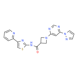 ChemSpider 2D Image | 1-[6-(1H-Pyrazol-1-yl)-4-pyrimidinyl]-N-[4-(2-pyridinyl)-1,3-thiazol-2-yl]-3-azetidinecarboxamide | C19H16N8OS