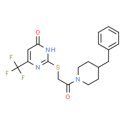 ChemSpider 2D Image | 2-{[2-(4-Benzyl-1-piperidinyl)-2-oxoethyl]sulfanyl}-6-(trifluoromethyl)-4(1H)-pyrimidinone | C19H20F3N3O2S