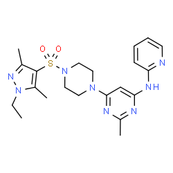 ChemSpider 2D Image | 6-{4-[(1-Ethyl-3,5-dimethyl-1H-pyrazol-4-yl)sulfonyl]-1-piperazinyl}-2-methyl-N-(2-pyridinyl)-4-pyrimidinamine | C21H28N8O2S