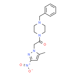 ChemSpider 2D Image | 1-benzyl-4-({3-nitro-5-methyl-1H-pyrazol-1-yl}acetyl)piperazine | C17H21N5O3