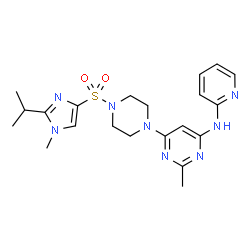 ChemSpider 2D Image | 6-{4-[(2-Isopropyl-1-methyl-1H-imidazol-4-yl)sulfonyl]-1-piperazinyl}-2-methyl-N-(2-pyridinyl)-4-pyrimidinamine | C21H28N8O2S
