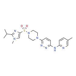 ChemSpider 2D Image | 6-{4-[(2-Isopropyl-1-methyl-1H-imidazol-4-yl)sulfonyl]-1-piperazinyl}-N-(5-methyl-2-pyridinyl)-3-pyridazinamine | C21H28N8O2S