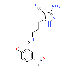 ChemSpider 2D Image | 2-[(E)-{[3-(3-Amino-4-cyano-1H-pyrazol-5-yl)propyl]imino}methyl]-4-nitrophenolate | C14H13N6O3