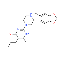 ChemSpider 2D Image | 1-(1,3-Benzodioxol-5-ylmethyl)-4-(5-butyl-6-methyl-4-oxo-1,4-dihydro-2-pyrimidinyl)piperazin-1-ium | C21H29N4O3
