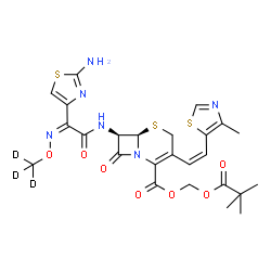 ChemSpider 2D Image | [(2,2-Dimethylpropanoyl)oxy]methyl (6R,7R)-7-{[(2Z)-2-(2-amino-1,3-thiazol-4-yl)-2-{[(~2~H_3_)methyloxy]imino}acetyl]amino}-3-[(Z)-2-(4-methyl-1,3-thiazol-5-yl)vinyl]-8-oxo-5-thia-1-azabicyclo[4.2.0]o
ct-2-ene-2-carboxylate | C25H25D3N6O7S3
