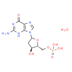 ChemSpider 2D Image | 2-Amino-9-(2-deoxy-5-O-phosphono-D-erythro-pentofuranosyl)-3,9-dihydro-6H-purin-6-one hydrate (1:1) | C10H16N5O8P