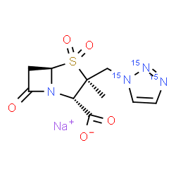 ChemSpider 2D Image | Sodium (2S,3S,5R)-3-methyl-7-oxo-3-[(~15~N_3_)-1H-1,2,3-triazol-1-ylmethyl]-4-thia-1-azabicyclo[3.2.0]heptane-2-carboxylate 4,4-dioxide | C10H11N15N3NaO5S
