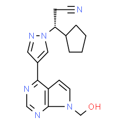 ChemSpider 2D Image | (3R)-3-Cyclopentyl-3-{4-[7-(hydroxymethyl)-7H-pyrrolo[2,3-d]pyrimidin-4-yl]-1H-pyrazol-1-yl}propanenitrile | C18H20N6O