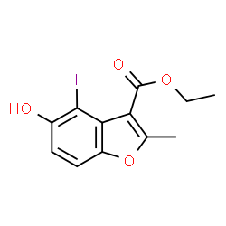 ChemSpider 2D Image | Ethyl 5-hydroxy-4-iodo-2-methyl-1-benzofuran-3-carboxylate | C12H11IO4