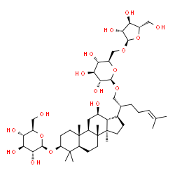 ChemSpider 2D Image | (3beta,12beta)-3-(beta-D-Glucopyranosyloxy)-12-hydroxydammar-24-en-21-yl 6-O-alpha-L-arabinofuranosyl-beta-D-glucopyranoside | C47H80O17