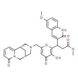 ChemSpider 2D Image | Methyl 3-(3-hydroxy-4-oxo-6-{[(1S,9R)-6-oxo-7,11-diazatricyclo[7.3.1.0~2,7~]trideca-2,4-dien-11-yl]methyl}-4H-pyran-2-yl)-3-(6-methoxy-2-oxo-1,2-dihydro-3-quinolinyl)propanoate | C31H31N3O8