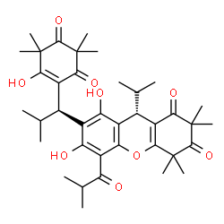 ChemSpider 2D Image | (9S)-6,8-Dihydroxy-7-[(1R)-1-(2-hydroxy-3,3,5,5-tetramethyl-4,6-dioxo-1-cyclohexen-1-yl)-2-methylpropyl]-5-isobutyryl-9-isopropyl-2,2,4,4-tetramethyl-4,9-dihydro-1H-xanthene-1,3(2H)-dione | C38H50O9