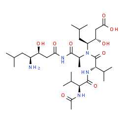 ChemSpider 2D Image | N-Acetyl-L-valyl-L-valyl-N-[(3S,4S)-4-amino-3-hydroxy-6-methylheptanoyl]-N~2~-[(2S,3S)-1-carboxy-2-hydroxy-5-methyl-3-hexanyl]-L-alaninamide | C31H57N5O9