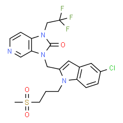 ChemSpider 2D Image | 3-((5-Chloro-1-(3-(methylsulfonyl)propyl)-1H-indol-2-yl)methyl)-1-(2,2,2-trifluoroethyl)-1H-imidazo[4,5-c]pyridin-2(3H)-one | C21H20ClF3N4O3S