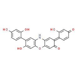 ChemSpider 2D Image | (2E)-8-(2,4-Dihydroxyphenyl)-7-hydroxy-2-(2-hydroxy-4-oxo-2,5-cyclohexadien-1-ylidene)-2,10-dihydro-3H-phenoxazin-3-one | C24H15NO7