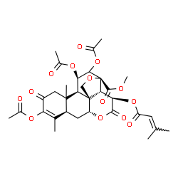 ChemSpider 2D Image | Methyl (10xi,11beta,13beta,15beta)-3,11,12-triacetoxy-15-[(3-methyl-2-butenoyl)oxy]-2,16-dioxo-13,20-epoxypicras-3-en-21-oate | C32H38O14