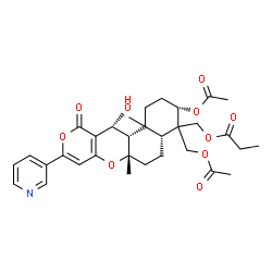 ChemSpider 2D Image | [(3S,4aR,6aS,12R,12aS)-3-Acetoxy-4-(acetoxymethyl)-12-hydroxy-6a,12b-dimethyl-11-oxo-9-(3-pyridinyl)-1,3,4,4a,5,6,6a,12,12a,12b-decahydro-2H,11H-benzo[f]pyrano[4,3-b]chromen-4-yl]methyl propionate | C32H39NO10