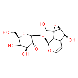 ChemSpider 2D Image | (1bS,2S,5aR,6S,6aS)-6-Hydroxy-1a-(hydroxymethyl)-1a,1b,2,5a,6,6a-hexahydrooxireno[4,5]cyclopenta[1,2-c]pyran-2-yl beta-D-glucopyranoside | C15H22O10