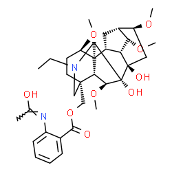 ChemSpider 2D Image | (1E)-N-[2-({[(1beta,4beta,6beta,14alpha,16beta)-20-Ethyl-7,8-dihydroxy-1,6,14,16-tetramethoxyaconitan-4-yl]methoxy}carbonyl)phenyl]ethanimidic acid | C34H48N2O9
